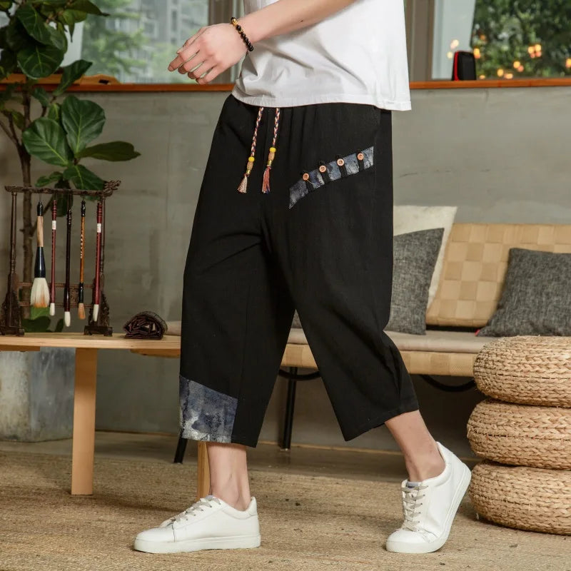 Pantalon sarouel japonais en coton et lin pour homme, pantalon court d'été respirant en lin, pantalon de fitness décontracté à taille élastique