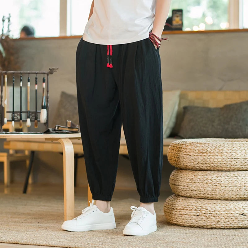 Pantalons en coton et chanvre pour hommes, taille M à 5XL, printemps et automne 2025, nouveaux pantalons lanternes amples à cordon de serrage, pantalons Haren, pantalons décontractés japonais