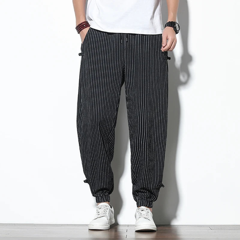 Pantalon sarouel d'été à rayures fines de style japonais pour hommes, en coton, à la mode, avec boucle à disque, respirant, en lin, grande taille 5XL