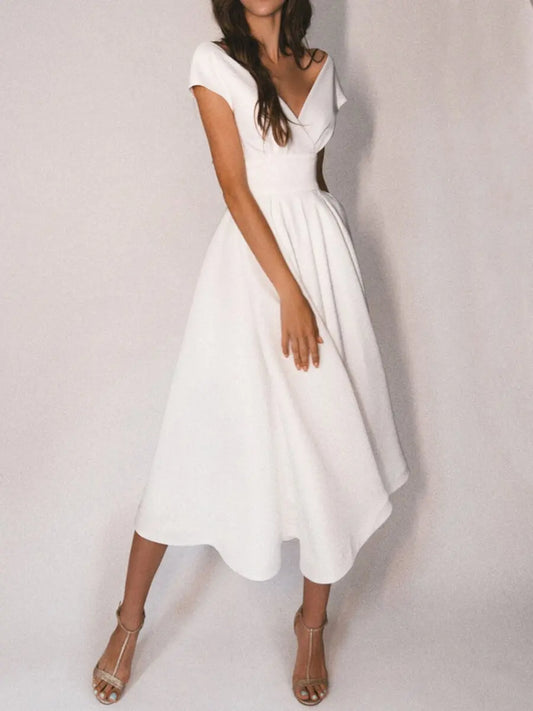 Elegant Dresses for women autumn Sexy White Dress Hollow Chiffon Short Sleeve V-Neck Long Dress