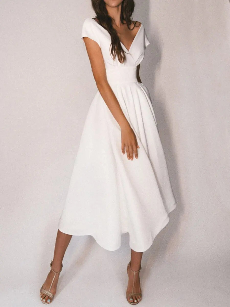 Elegant Dresses for women autumn Sexy White Dress Hollow Chiffon Short Sleeve V-Neck Long Dress