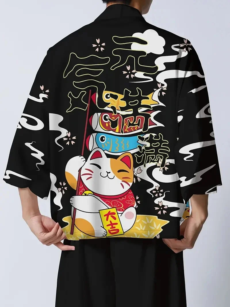 Kimono Japonais Sakura Chat Samouraï Imprimé Pour Hommes Femmes, Haori Cardiganc