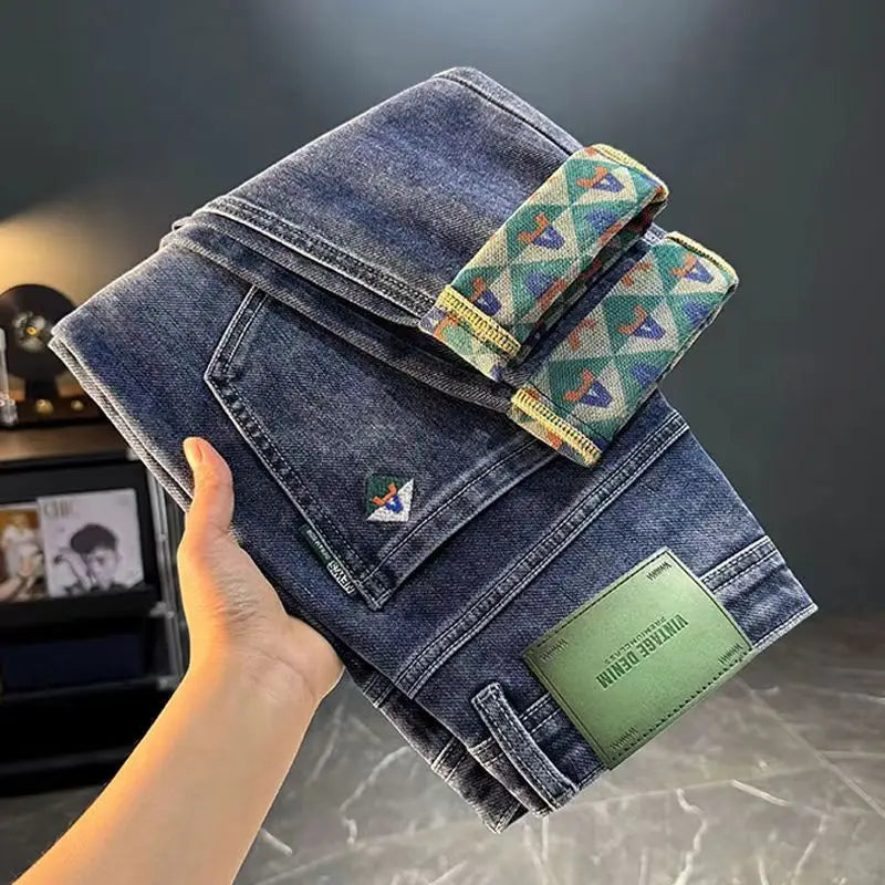 Korean Fashion Summer Jeans New Men's Embroidered Pocket Zipper Washed Streetwear Vintage Casual Elastic Slim Straight Pants