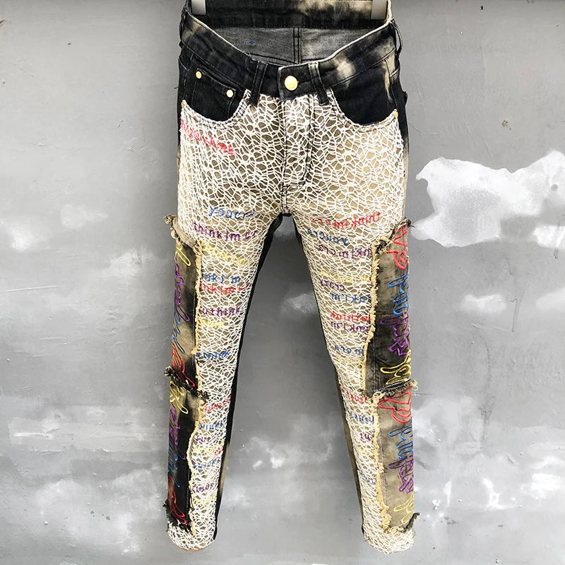 Men Letter Embroidery Splicing Jeans Small Straight Slim Fit Jean For Men Punk Motorcycle Pants Jean Homme Hip Hop Jeans Hombre
