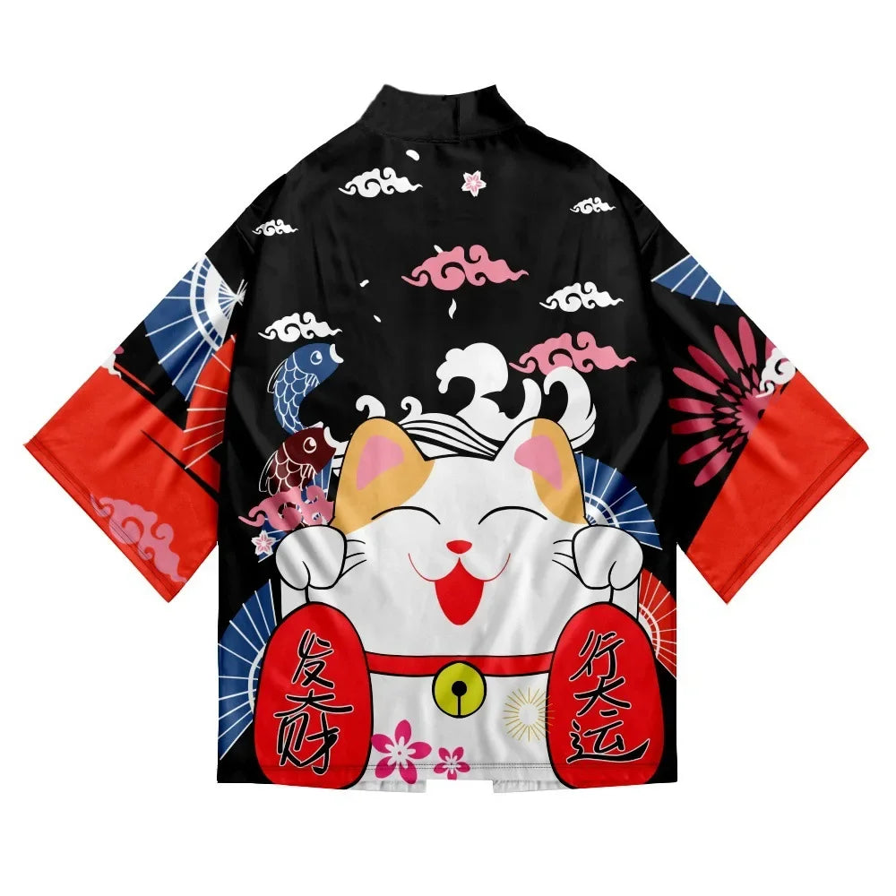 Kimono Japonais Sakura Chat Samouraï Imprimé Pour Hommes Femmes, Haori Cardiganc