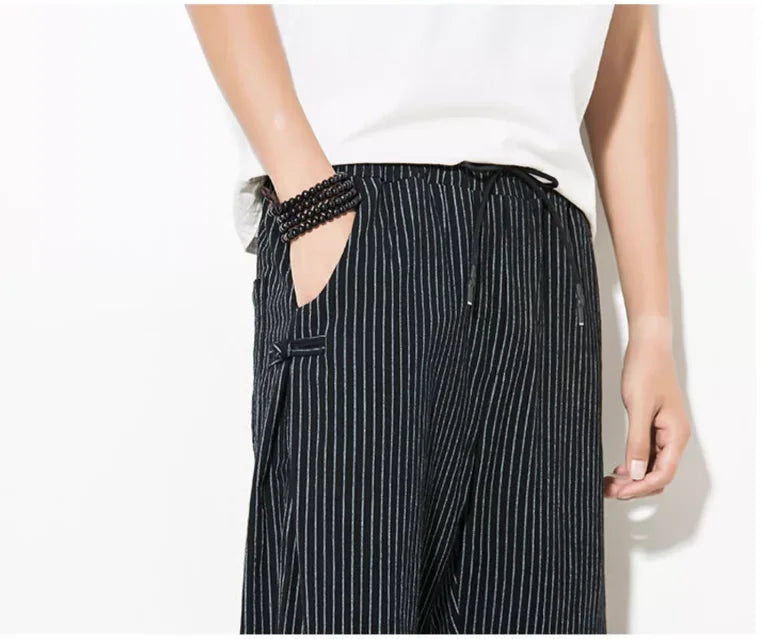 Pantalon sarouel d'été à rayures fines de style japonais pour hommes, en coton, à la mode, avec boucle à disque, respirant, en lin, grande taille 5XL