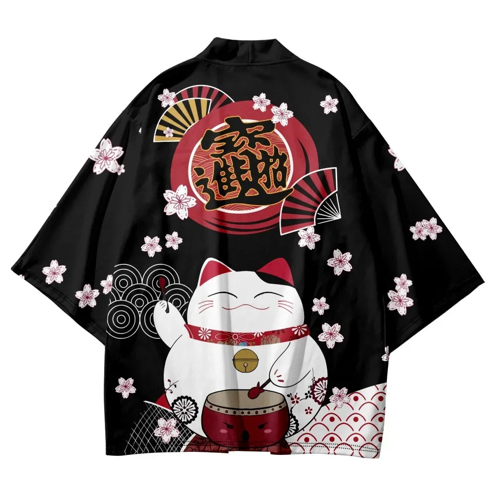 Kimono Japonais Sakura Chat Samouraï Imprimé Pour Hommes Femmes, Haori Cardiganc