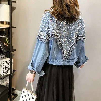 2024 New Mujer Spring Autumn Streetwear Denim Jacket Women Hand-studded Pearls Punk Tassel Veste Femme Loose Short Jeans Coats
