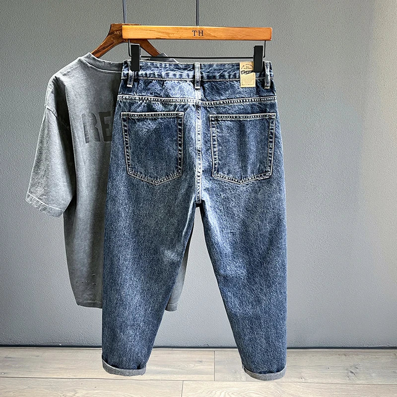 Men's Jeans Streetwear Fashion Tapered Pants Blue Casual Personality Vintage Male Clothing Slim Denim Trousers Brands