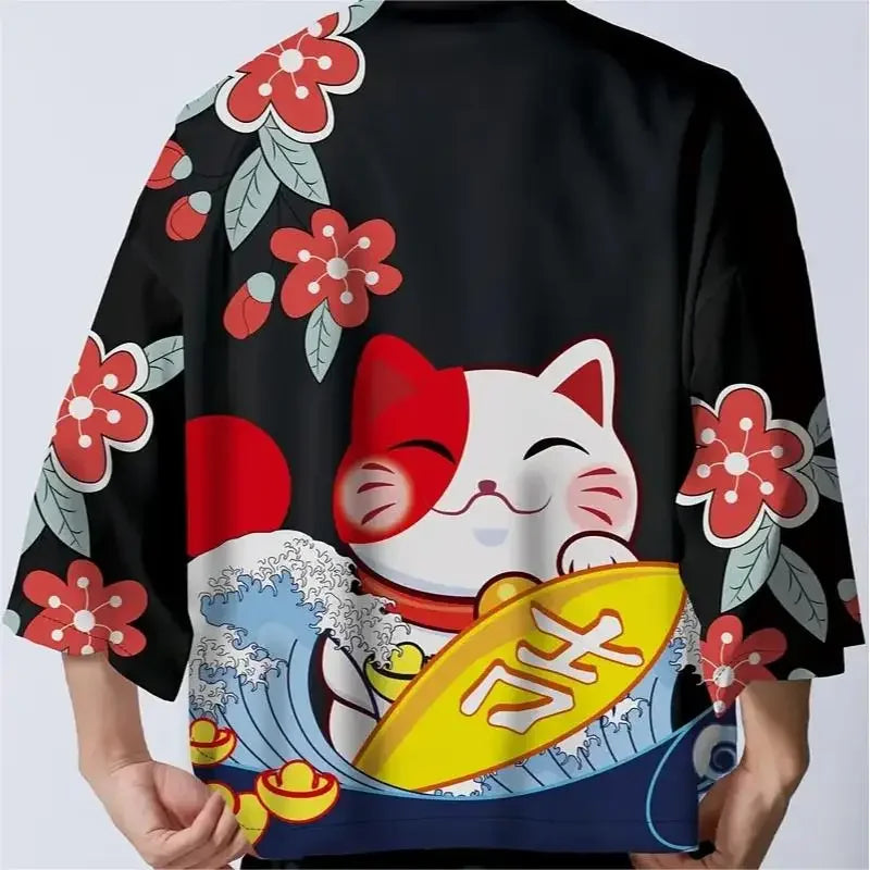 Kimono Japonais Sakura Chat Samouraï Imprimé Pour Hommes Femmes, Haori Cardiganc