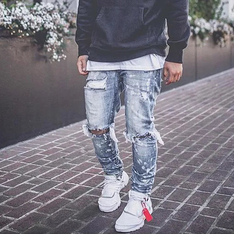 Jeans For Men 2022 Gradient Color Ripped White Dots Jeans Male Motor Biker Skinny Jeans Homme Men's Clothing Zipper Denim Pants