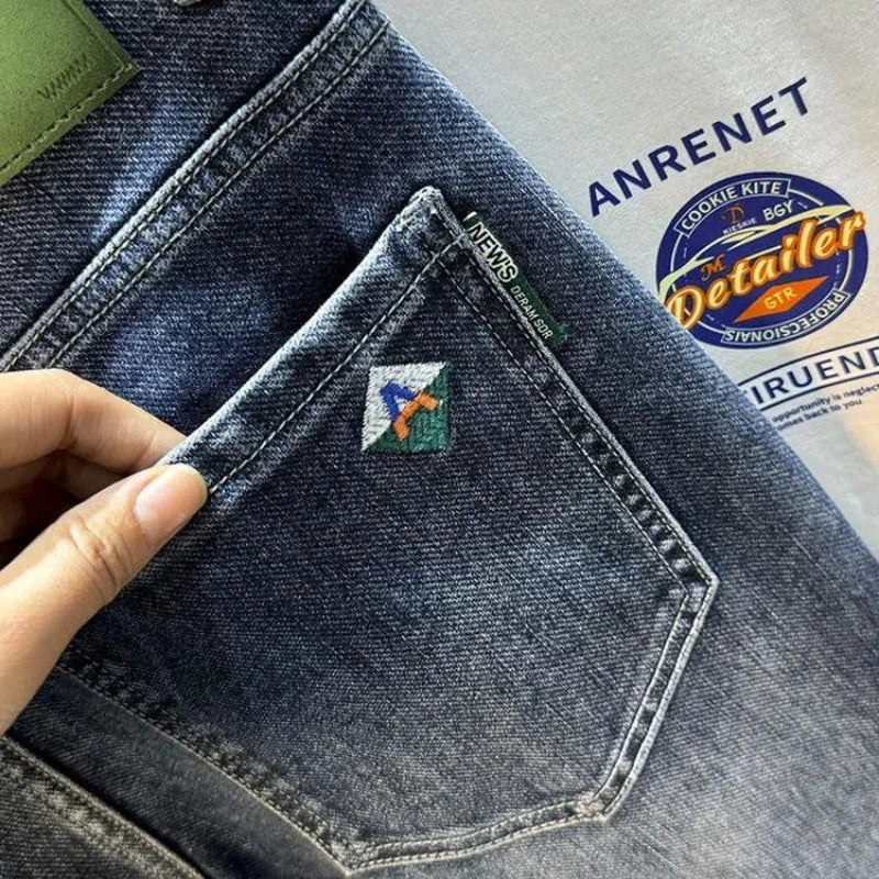 Korean Fashion Summer Jeans New Men's Embroidered Pocket Zipper Washed Streetwear Vintage Casual Elastic Slim Straight Pants
