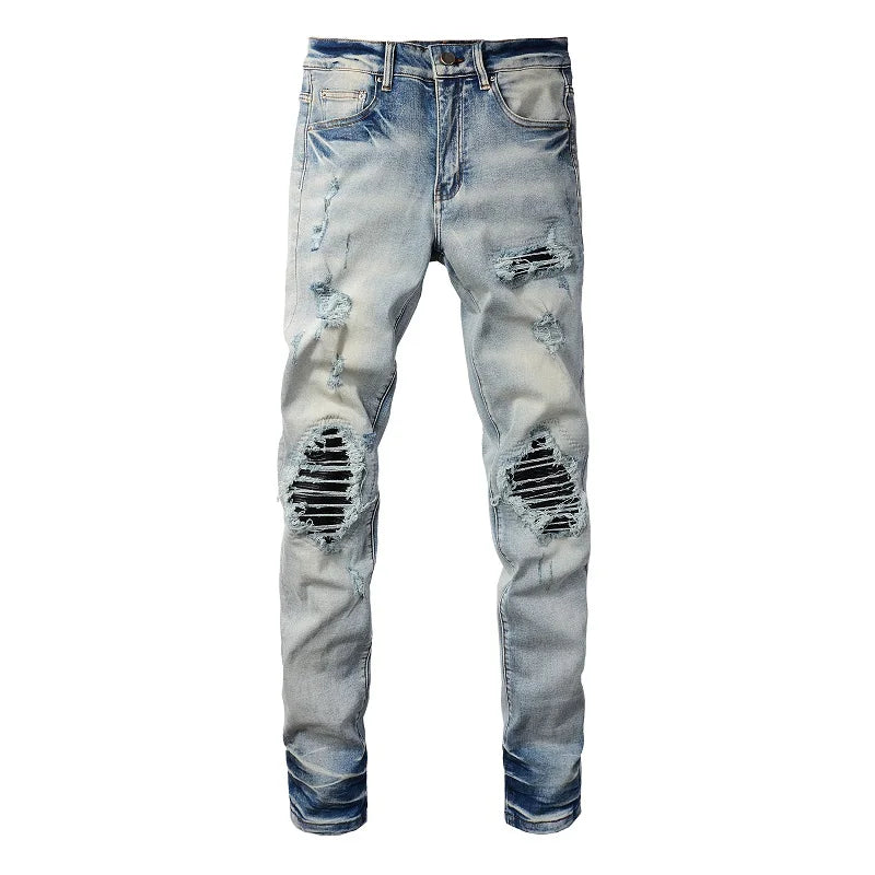 Men Leather Pleated Patches Biker Jeans Streetwear Skinny Tapered High Stretch Denim Pants Holes Ripped Distressed Trousers