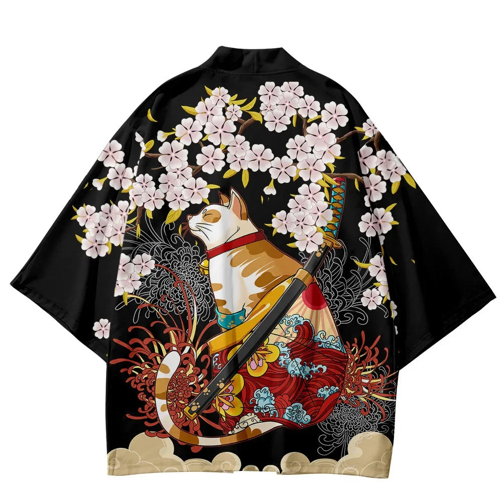 Kimono Japonais Sakura Chat Samouraï Imprimé Pour Hommes Femmes, Haori Cardiganc