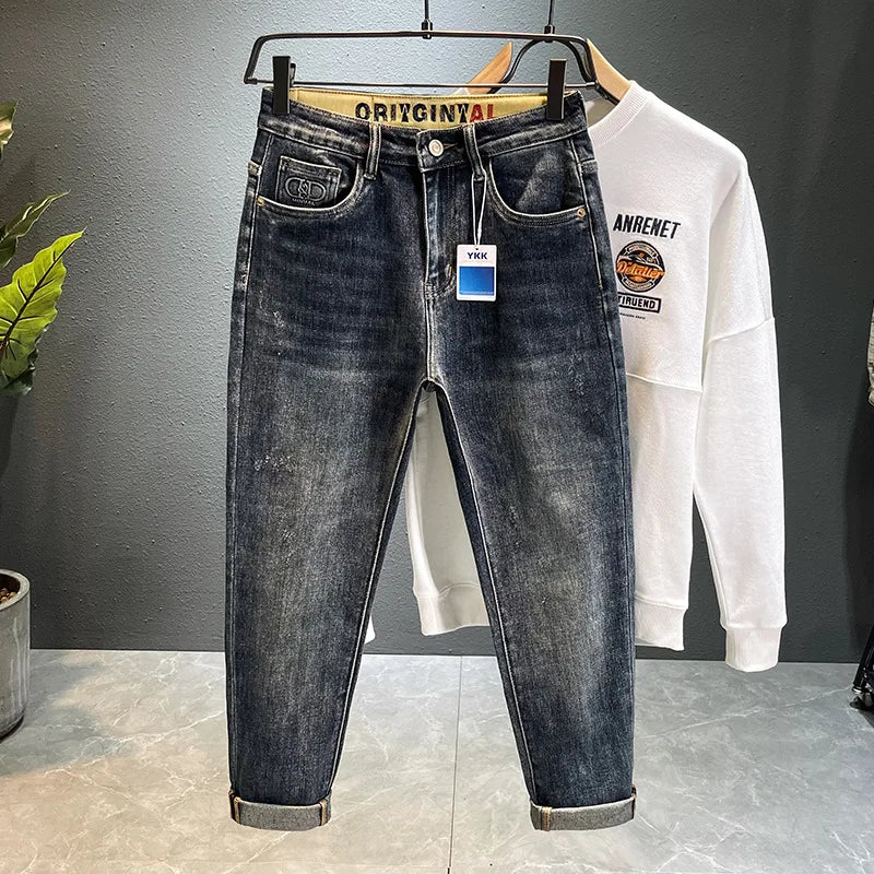 Imitation vieux jean pour homme, broderie haut de gamme, tendance, pantalon pour homme, ample, extensible, slim, jambe droite, denim