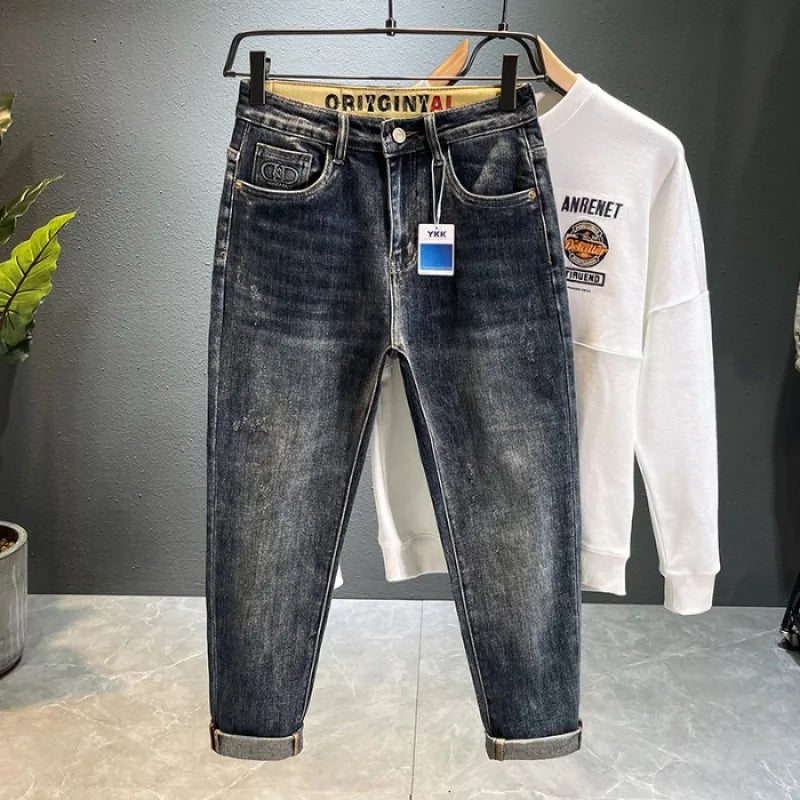 Imitation vieux jean pour homme, broderie haut de gamme, tendance, pantalon pour homme, ample, extensible, slim, jambe droite, denim