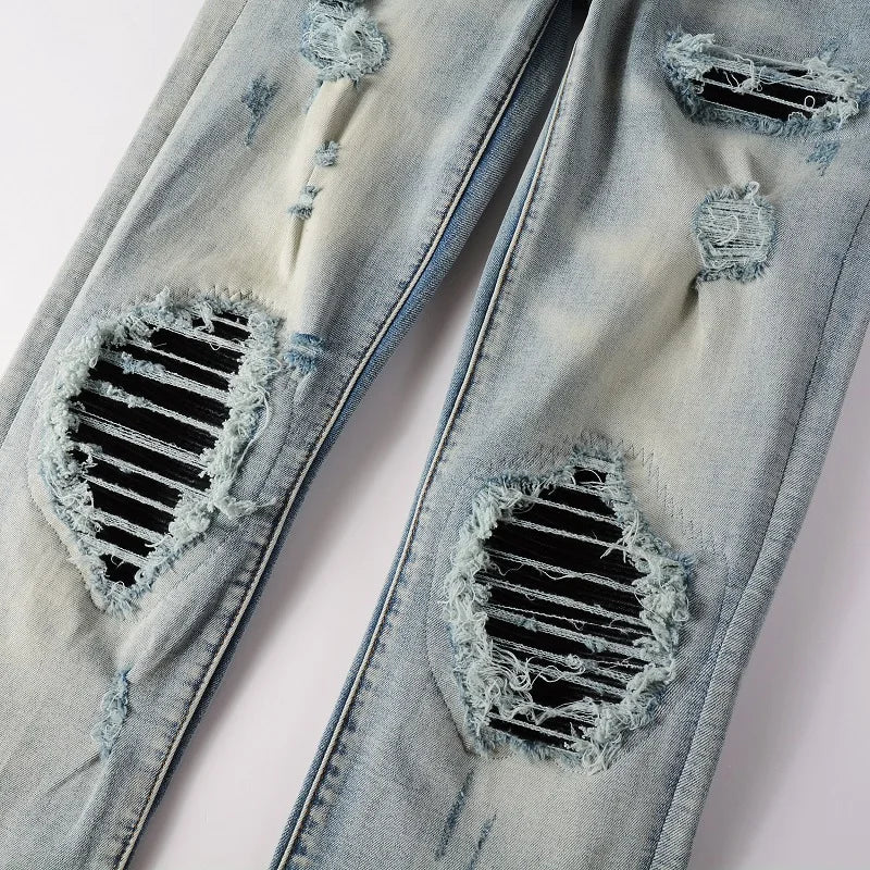 Men Leather Pleated Patches Biker Jeans Streetwear Skinny Tapered High Stretch Denim Pants Holes Ripped Distressed Trousers