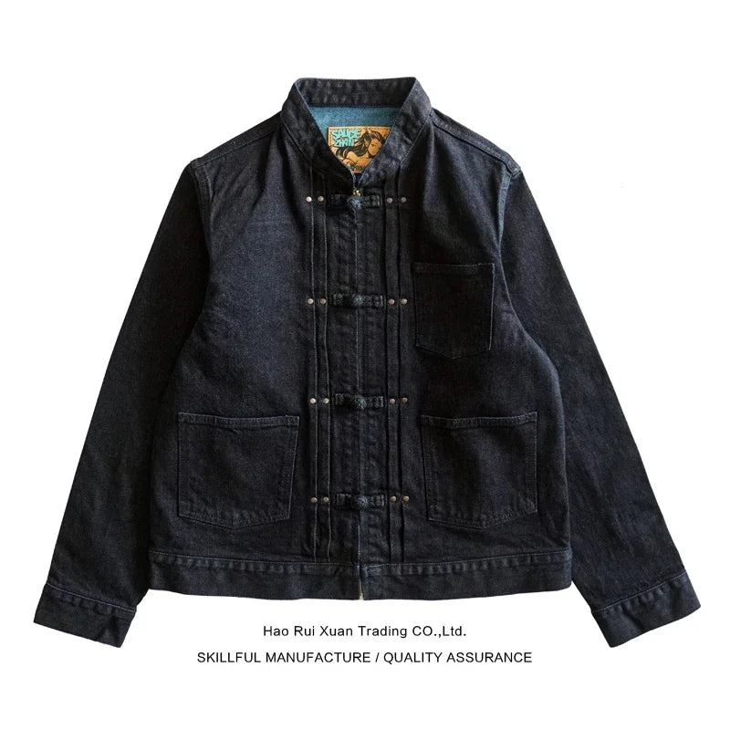 Sauce Zhan Mans Jacket Indigo Selvedge Denim Jacket Jean Jacket Men Vintage Chinese Style Knot Button Loose Fit