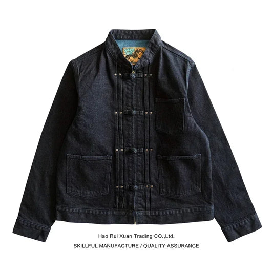 Sauce Zhan Mans Jacket Indigo Selvedge Denim Jacket Jean Jacket Men Vintage Chinese Style Knot Button Loose Fit