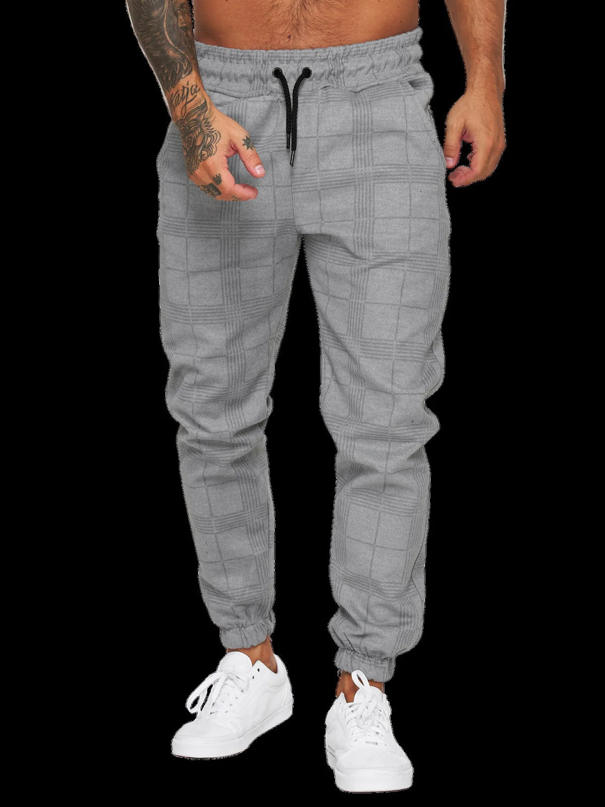 Pantalon de jogging à carreaux blancs pour homme, style streetwear, décontracté, vintage, droit, long