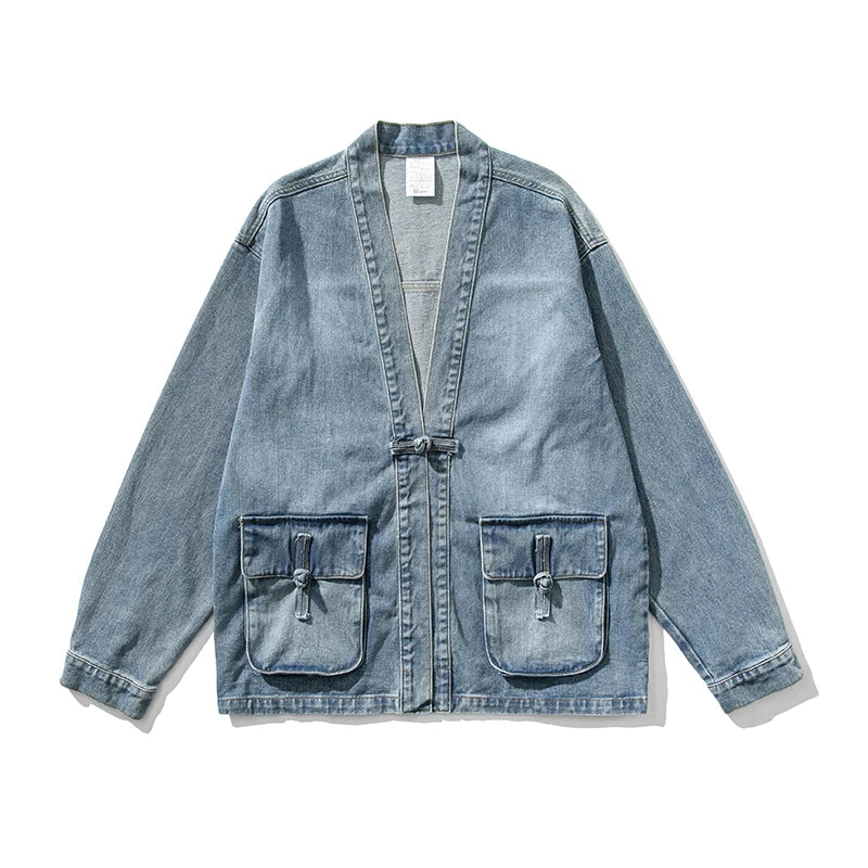 Denim Kimono Jacket Men Fashion Casual Jeans Jackets Coats Male Chinese Style Button Denim Jacket Vintage Hip Hop Loose Outwear