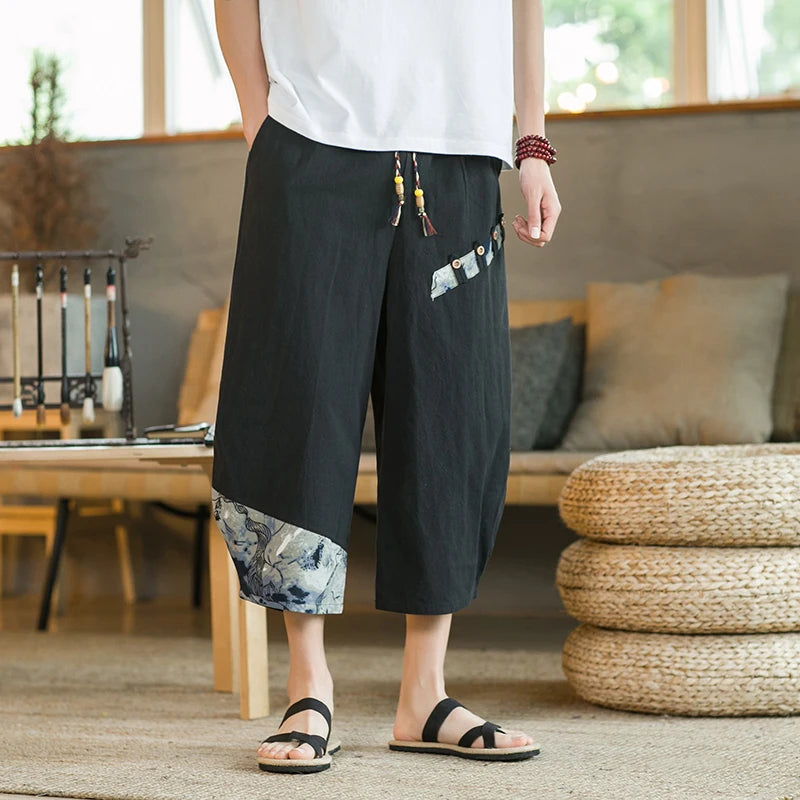 Pantalon sarouel japonais en coton et lin pour homme, pantalon court d'été respirant en lin, pantalon de fitness décontracté à taille élastique