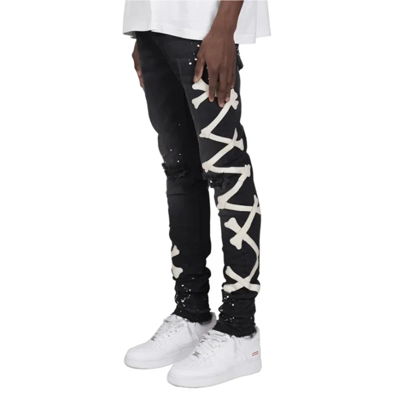 Jeans For Men 2022 Gradient Color Ripped White Dots Jeans Male Motor Biker Skinny Jeans Homme Men's Clothing Zipper Denim Pants