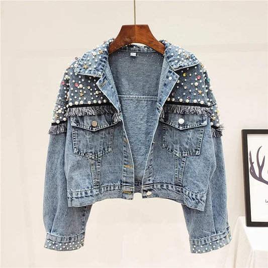 2024 New Mujer Spring Autumn Streetwear Denim Jacket Women Hand-studded Pearls Punk Tassel Veste Femme Loose Short Jeans Coats