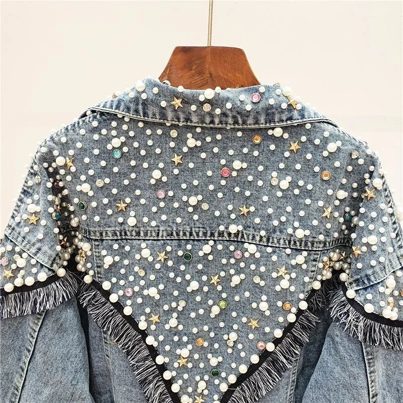 2024 New Mujer Spring Autumn Streetwear Denim Jacket Women Hand-studded Pearls Punk Tassel Veste Femme Loose Short Jeans Coats