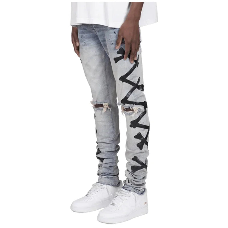 Jeans For Men 2022 Gradient Color Ripped White Dots Jeans Male Motor Biker Skinny Jeans Homme Men's Clothing Zipper Denim Pants