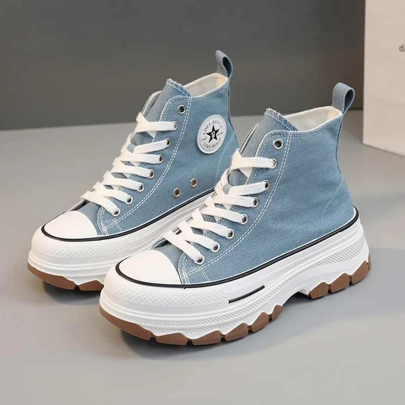 Baskets montantes à lacets pour femmes, chaussures décontractées en toile, antidérapantes, résistantes à l'usure, vulcanisées, printemps-automne 2024
