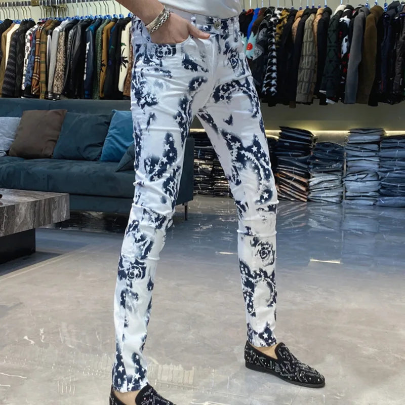 Trendy Men's Slim Fit Jeans Personalized Print Street Elastic Men's Pant Pantalon Homme Punk Denim Long Pants Hip Hop Jeans
