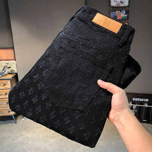 Jean jacquard noir américain pour homme, déchiré, délavé, coupe ample, décontracté