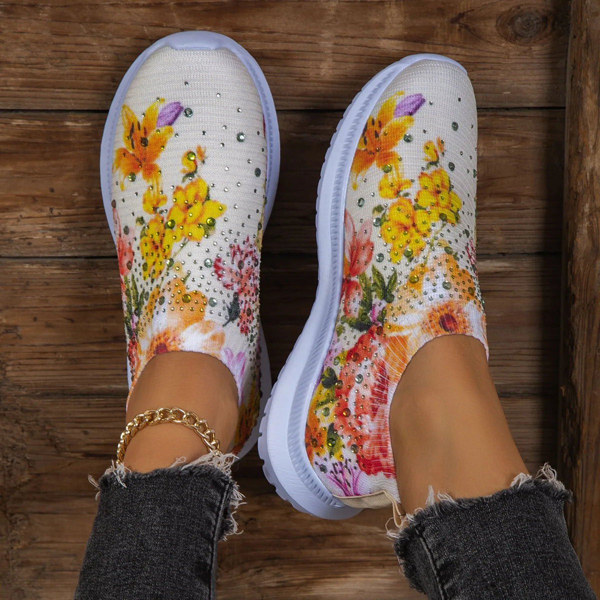 Chaussures vulcanisées décontractées pour femmes, baskets de course à pied, respirantes, à la mode, avec strass et fleurs, idéales pour la randonnée en plein air