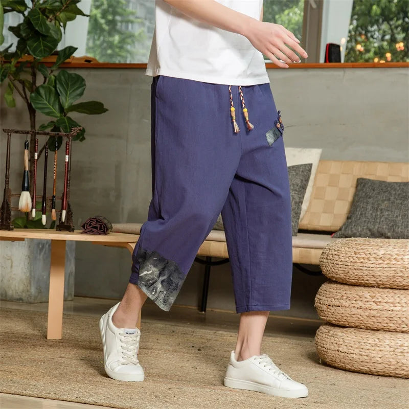 Pantalon sarouel japonais en coton et lin pour homme, pantalon court d'été respirant en lin, pantalon de fitness décontracté à taille élastique
