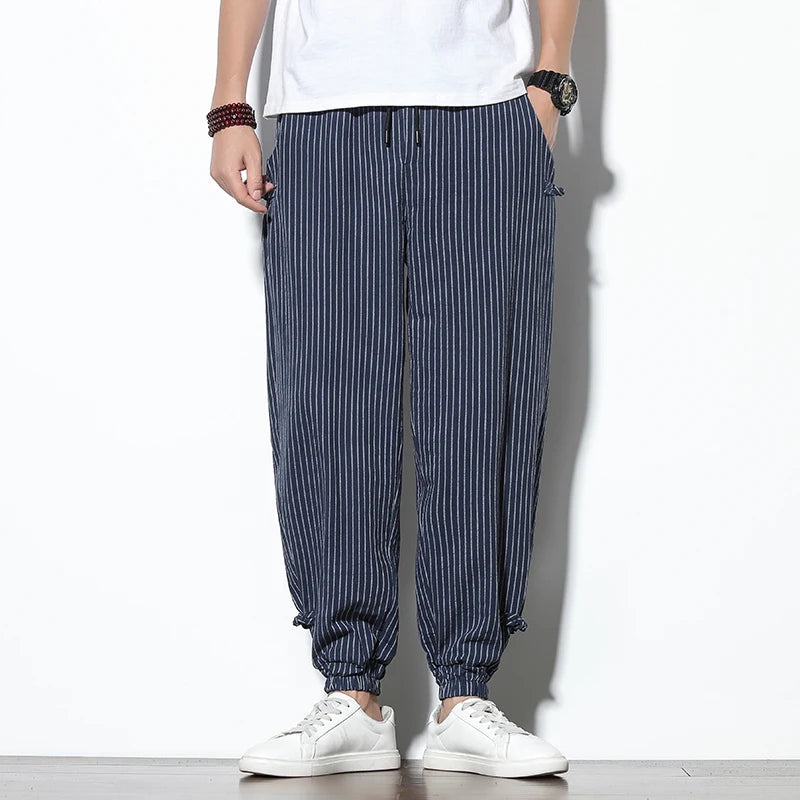 Pantalon sarouel d'été à rayures fines de style japonais pour hommes, en coton, à la mode, avec boucle à disque, respirant, en lin, grande taille 5XL