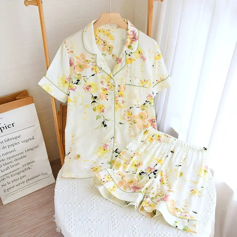 Pyjama d'été pour femme, nouvelle collection, section fine, short à manches courtes, grand imprimé floral, service à domicile, pyjama pour femme