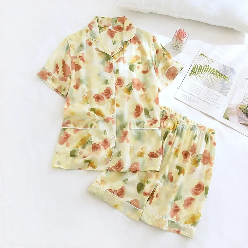 Pyjama d'été pour femme, nouvelle collection, section fine, short à manches courtes, grand imprimé floral, service à domicile, pyjama pour femme