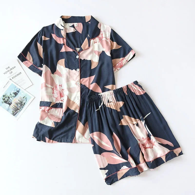 Pyjama d'été pour femme, nouvelle collection, section fine, short à manches courtes, grand imprimé floral, service à domicile, pyjama pour femme