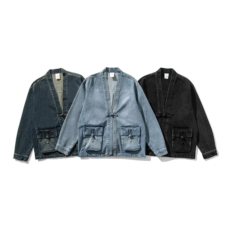 Denim Kimono Jacket Men Fashion Casual Jeans Jackets Coats Male Chinese Style Button Denim Jacket Vintage Hip Hop Loose Outwear