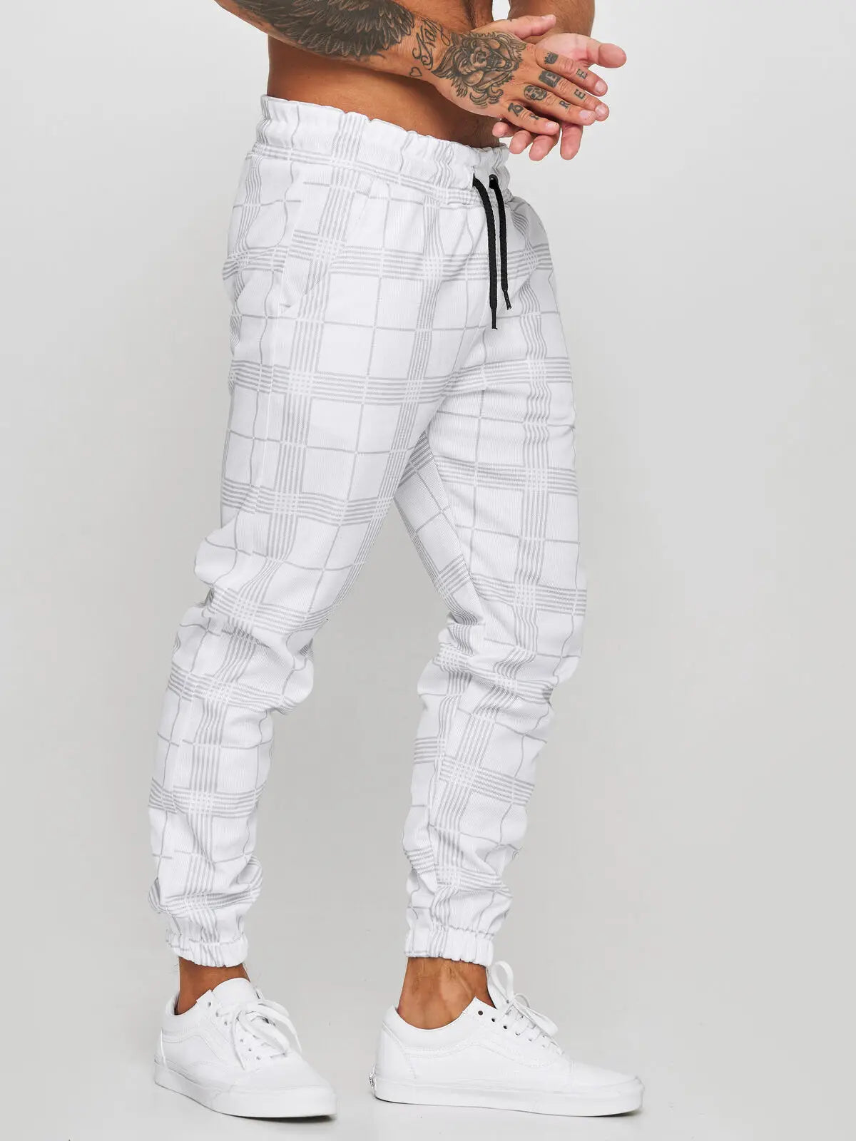 Pantalon de jogging à carreaux blancs pour homme, style streetwear, décontracté, vintage, droit, long
