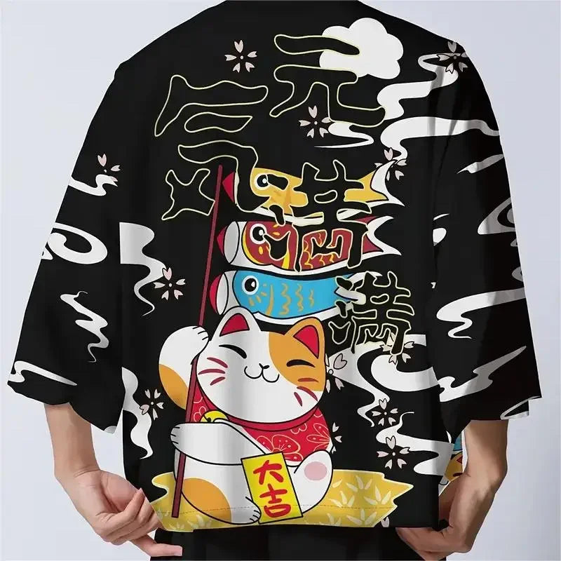 Kimono Japonais Sakura Chat Samouraï Imprimé Pour Hommes Femmes, Haori Cardiganc