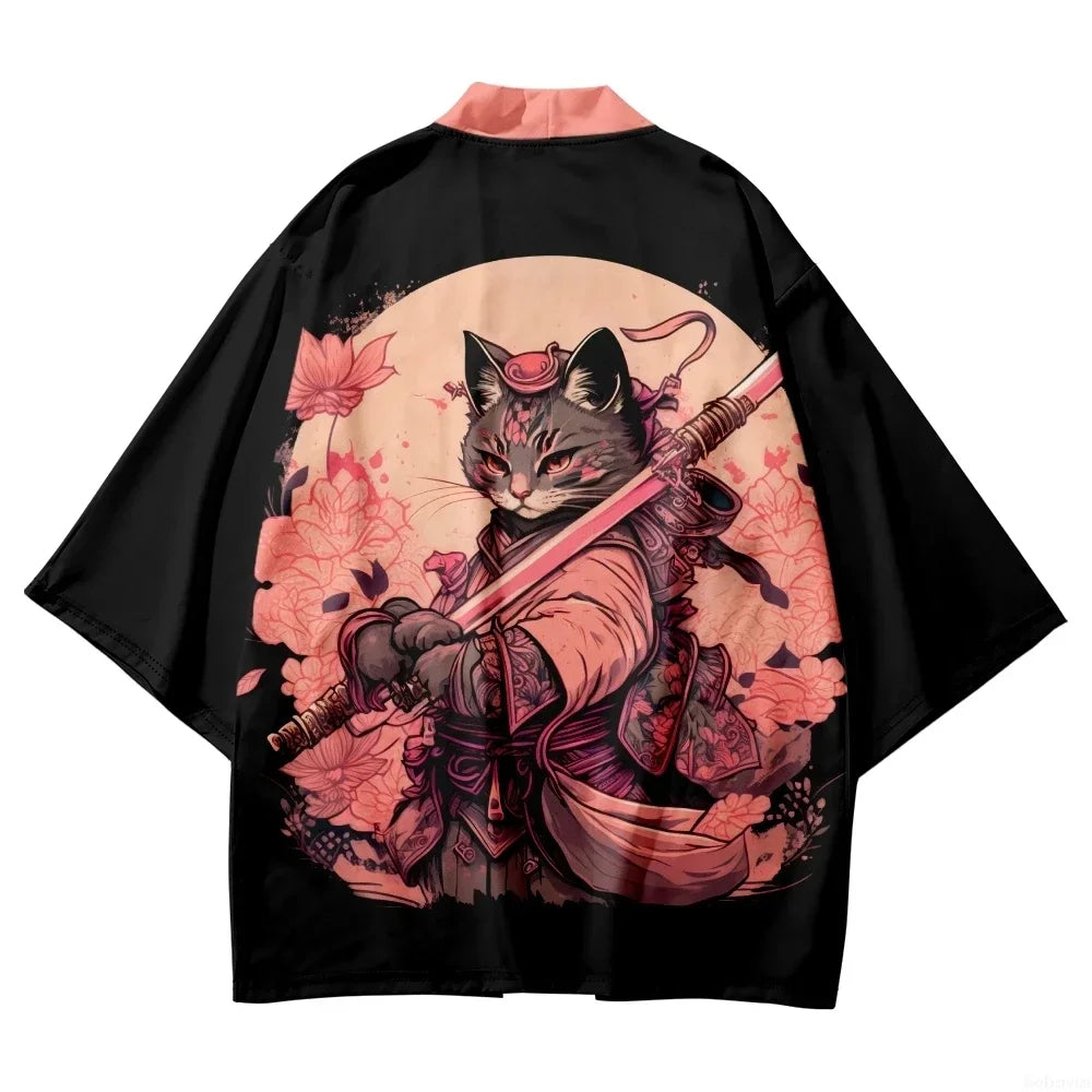 Kimono Japonais Sakura Chat Samouraï Imprimé Pour Hommes Femmes, Haori Cardiganc