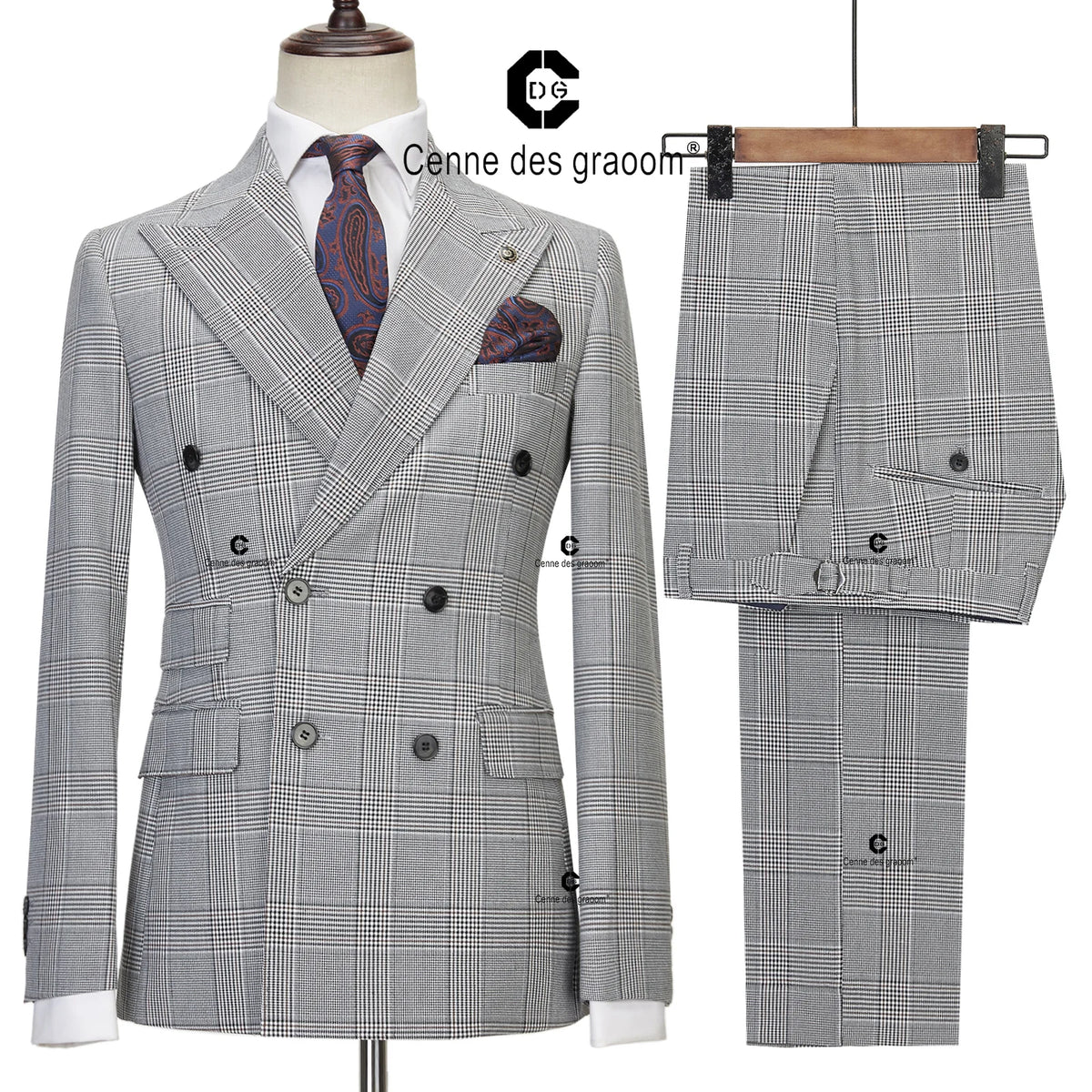 Costume classique pour homme Cenne Des Graoom 2025, ensemble 2 pièces à carreaux, veste croisée vintage, gilet et pantalon, pour bureau, affaires, mariage