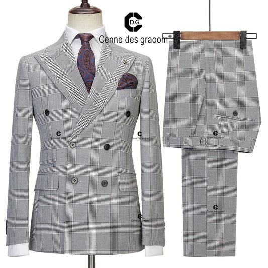 Costume classique pour homme Cenne Des Graoom 2025, ensemble 2 pièces à carreaux, veste croisée vintage, gilet et pantalon, pour bureau, affaires, mariage