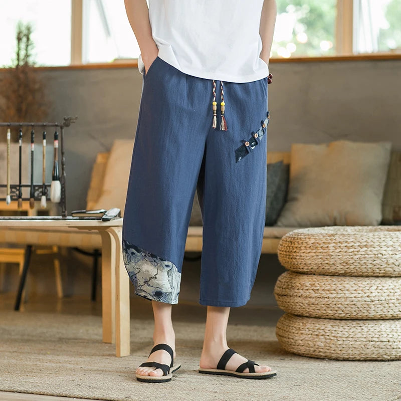 Pantalon sarouel japonais en coton et lin pour homme, pantalon court d'été respirant en lin, pantalon de fitness décontracté à taille élastique
