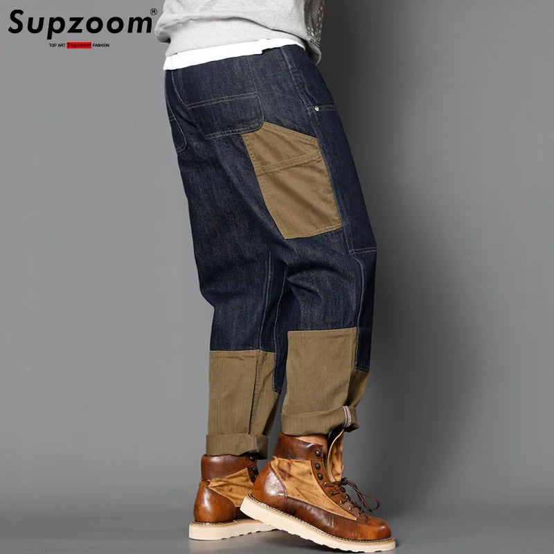 Supzoom Nouveauté Vente Chaude Top Mode Automne Fermeture Éclair Braguette Délavé Décontracté Patchwork Cargo Denim Poches Coton Jeans Hommes