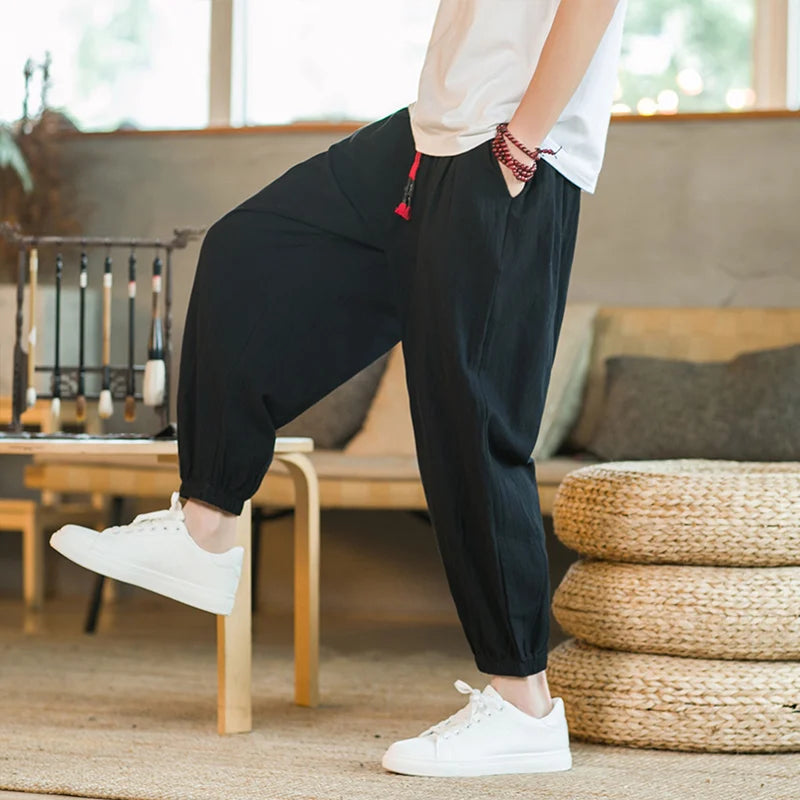 Pantalons en coton et chanvre pour hommes, taille M à 5XL, printemps et automne 2025, nouveaux pantalons lanternes amples à cordon de serrage, pantalons Haren, pantalons décontractés japonais