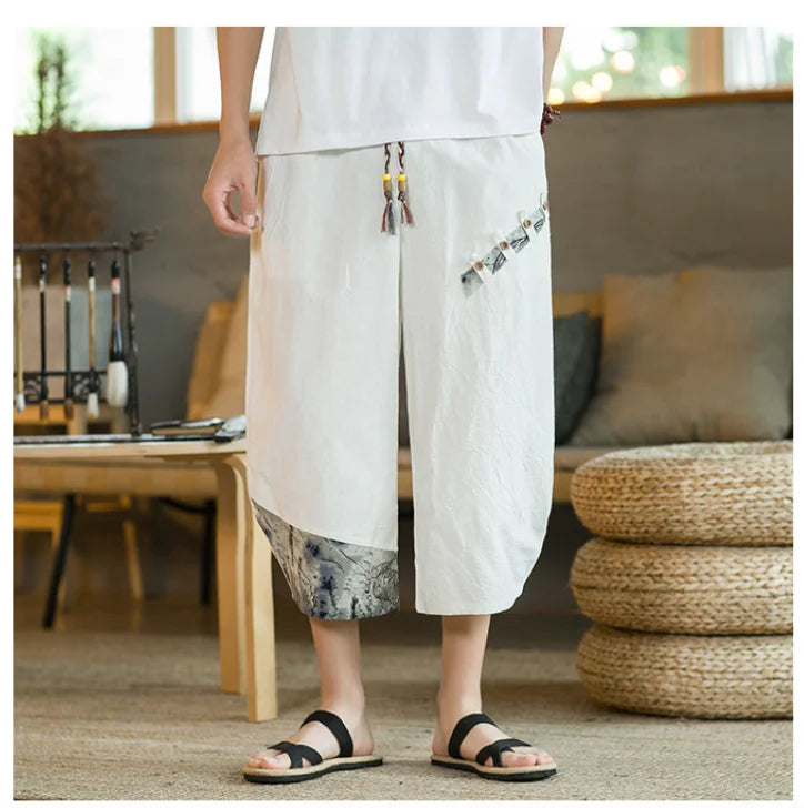 Pantalon sarouel japonais en coton et lin pour homme, pantalon court d'été respirant en lin, pantalon de fitness décontracté à taille élastique