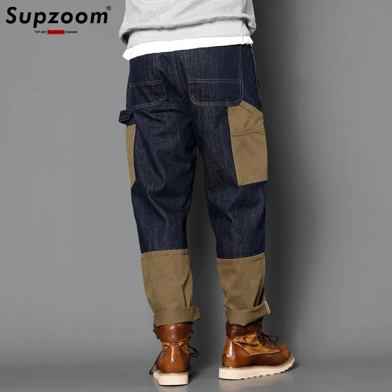 Supzoom Nouveauté Vente Chaude Top Mode Automne Fermeture Éclair Braguette Délavé Décontracté Patchwork Cargo Denim Poches Coton Jeans Hommes
